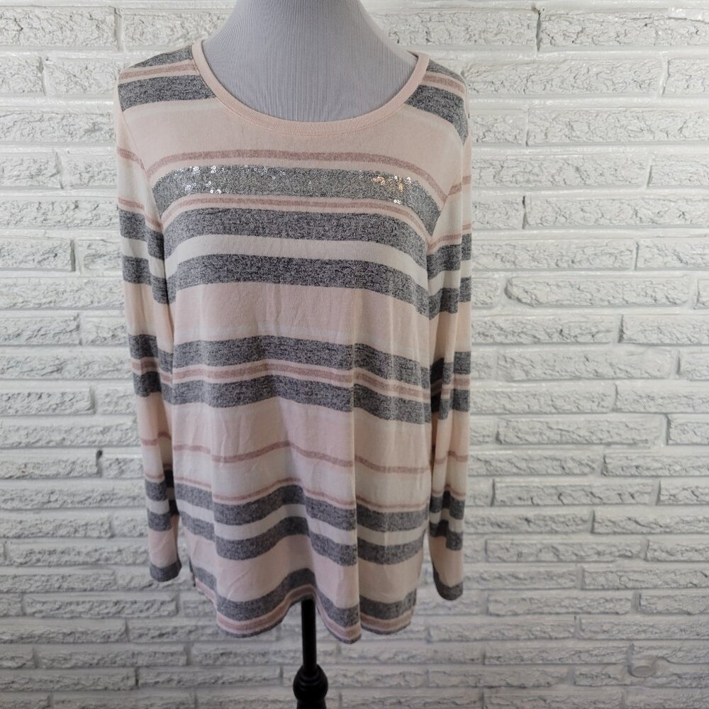 CJ Banks Womens 1X Knit Top Gray Tan Striped Sequin Long Sleeve Plus STR168XE